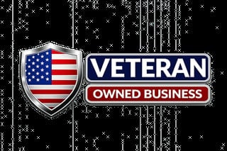 Veteran Owned Business logo featuring American flag shield with white and blue badge on digital background