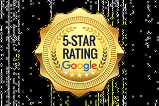 Gold badge with laurel wreath displaying 5-Star Rating Google with five gold stars on black background