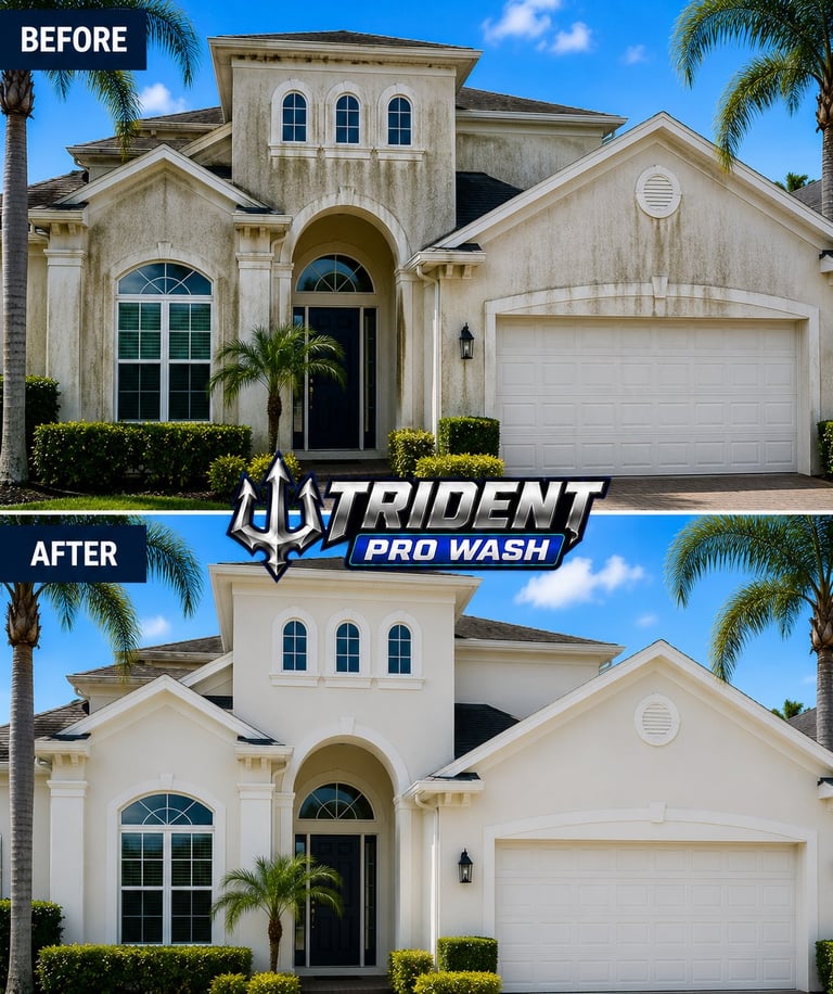 Before and after comparison of a two-story white house exterior cleaning by Trident Pro Wash, showing a cleaner facade after professional pressure washing service.