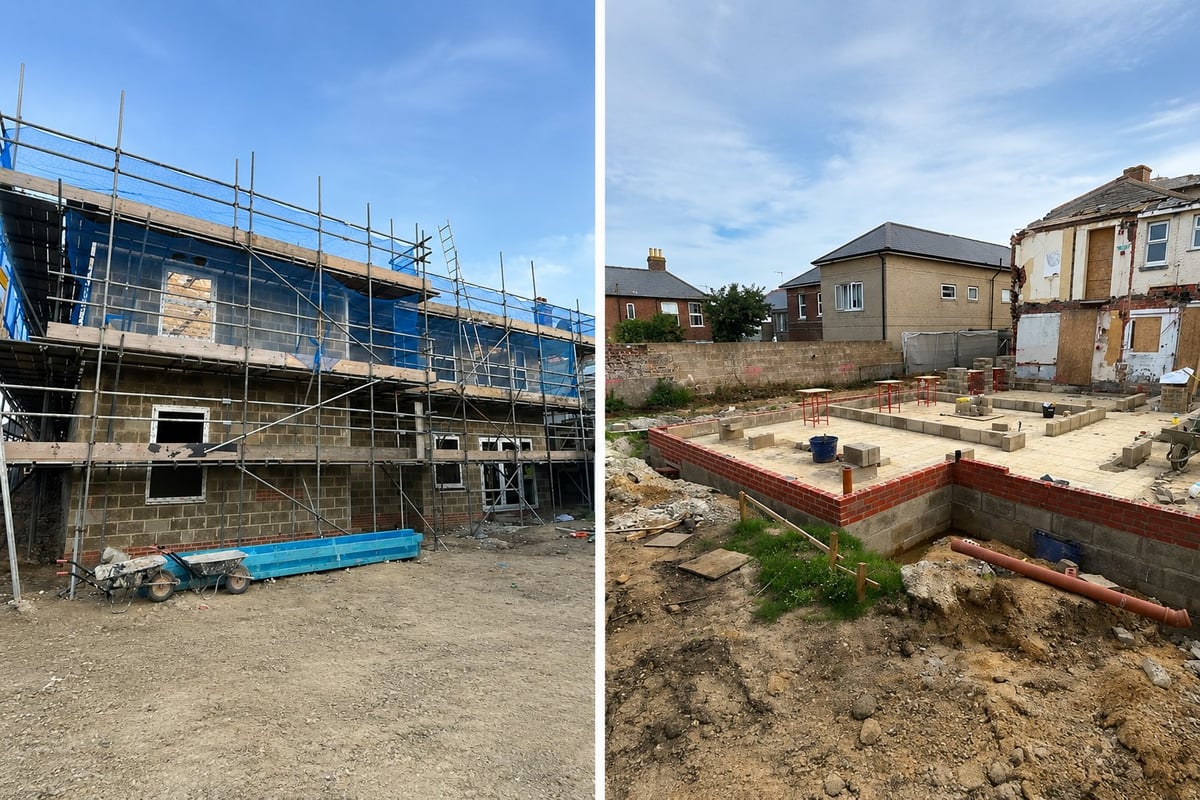 A side-by-side view of two new-build construction phases: a scaffolded brick structure under construction on the left, and a freshly excavated and laid foundation with red metal framework on the right