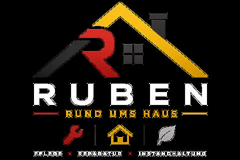 Ruben Rundums Haus logo with red R, yellow roof outline, and icons for maintenance, repair, and property management