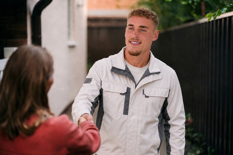 Man in beige work jacket smiling while talking with woman in red shirt outdoors in driveway