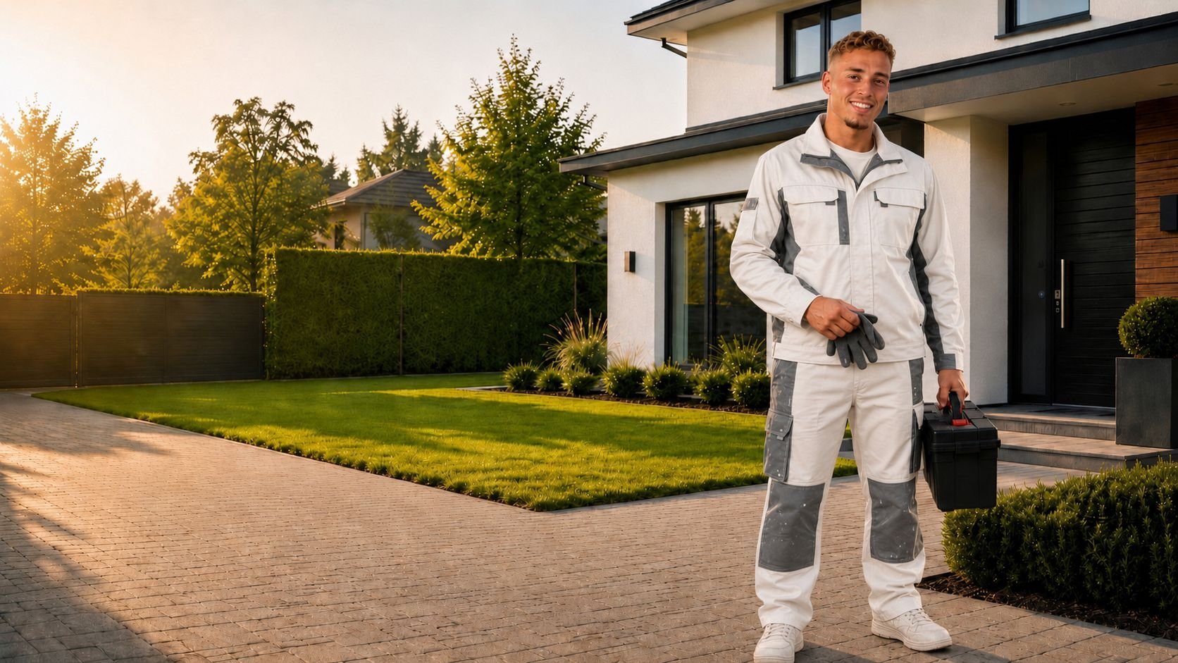 Man in white work uniform standing on brick driveway in front of modern house at sunset