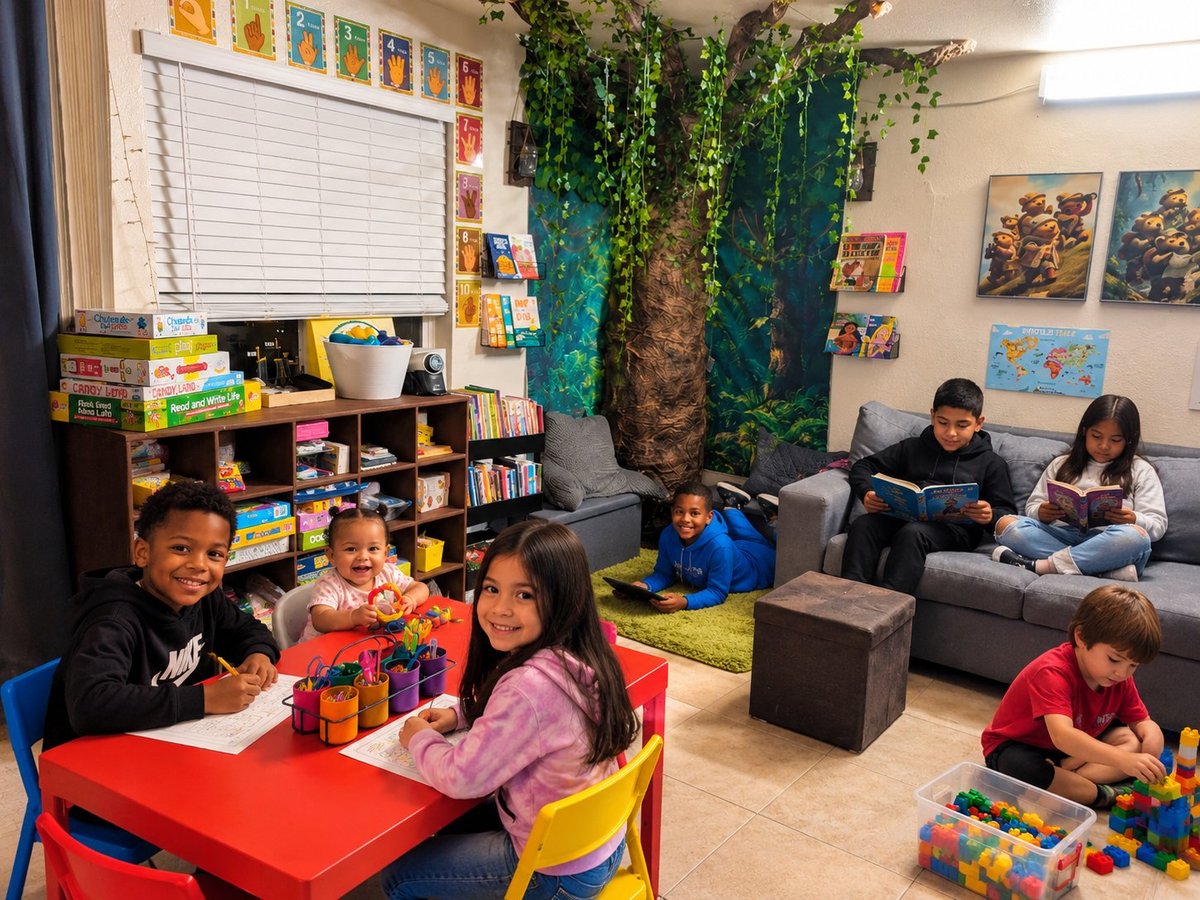 Diverse group of children in a colorful classroom with reading nook, books, and artificial tree decoration