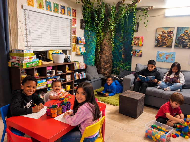 Diverse group of children in a colorful classroom with reading nook, books, and artificial tree decoration