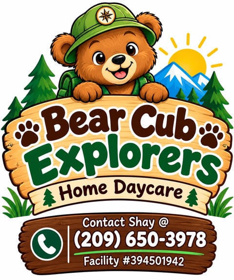 Bear Cub Explorers Home Daycare logo featuring a cute brown bear wearing a green explorer hat, surrounded by trees and mountains
