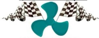Teal three-blade propeller symbol flanked by black and white checkered racing flags on either side