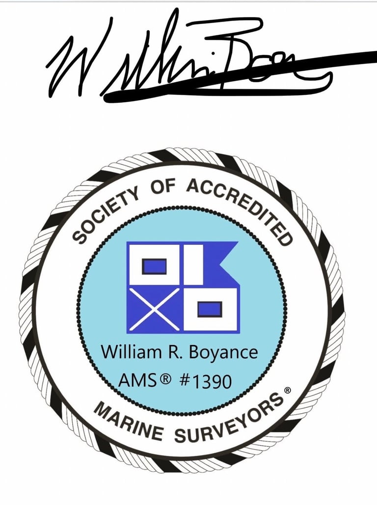 Society of Accredited Marine Surveyors seal for William R. Boyance, AMS #1390, with a signature above