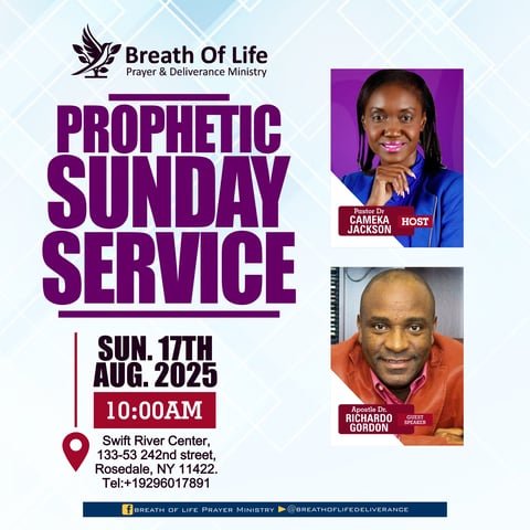 Prophetic Sunday Service flyer for Breath of Life ministry on August 17, 2025 at 10:00 AM in Rosedale, NY featuring Camera Jackson and Ricardo Gordon