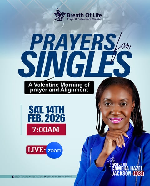 Prayers for Singles event flyer featuring Pastor Dr. Camera Hazel Jackson, scheduled for February 14, 2026 at 7:00 AM on Zoom, by Breath of Life Prayer & Deliverance Ministry