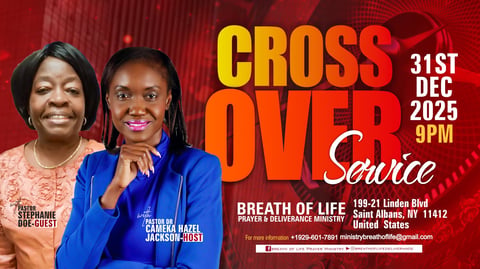 Event poster for Crossover Service on December 31st, 2025 featuring two women speakers on red background with event details