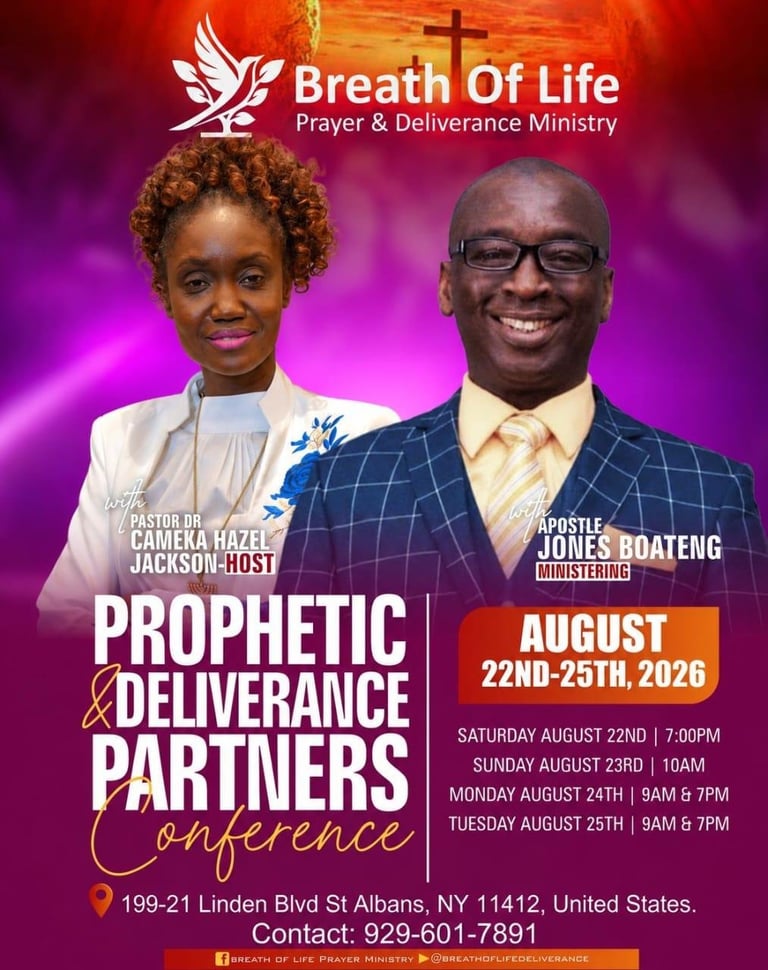 Prophetic Deliverance Partners Conference flyer featuring Pastor Cameeka Hazell and Apostle Jones Boateng, August 22-25, 2026 in St Albans, NY