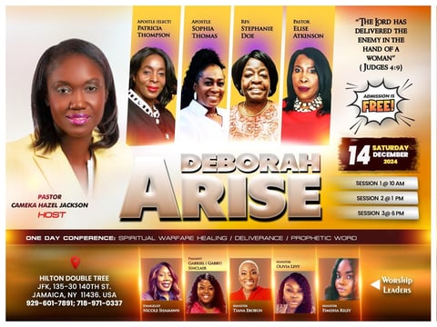 Deborah Arise conference poster featuring female speakers and spiritual warfare healing event details for Saturday December 14