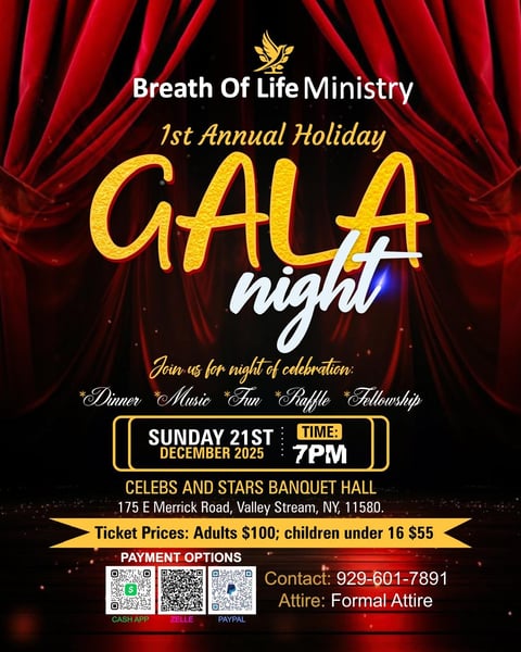 Breath Of Life Ministry 1st Annual Holiday Gala Night flyer with red curtain backdrop, event details for December 21st at 7PM