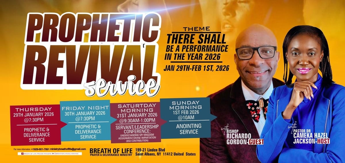 Prophetic Revival Service promotional flyer featuring two speakers for January 2025 theme and event schedule