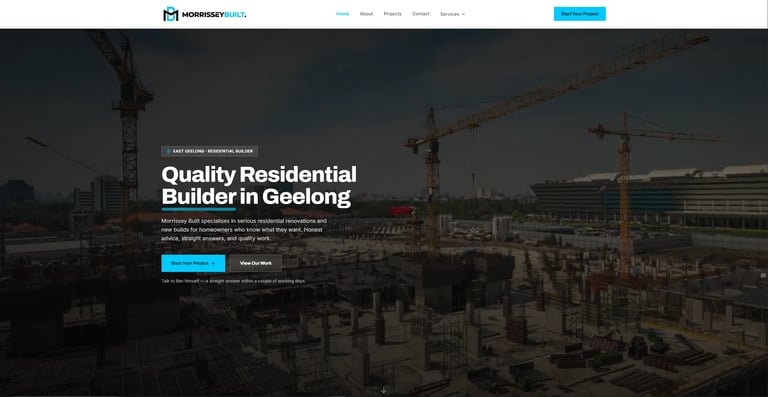 Construction site with cranes overlooking Geelong cityscape, website header for residential builder company