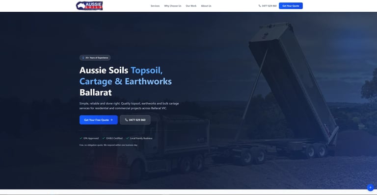 Aussie Soils website designed by Woods Media Promotions, a topsoil, cartage & earthworks business