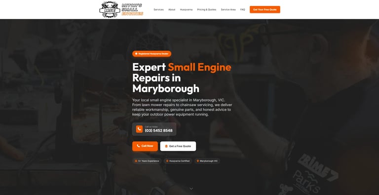 Mitch's Small Engines website designed by Woods Media Promotions, a small engine repair business