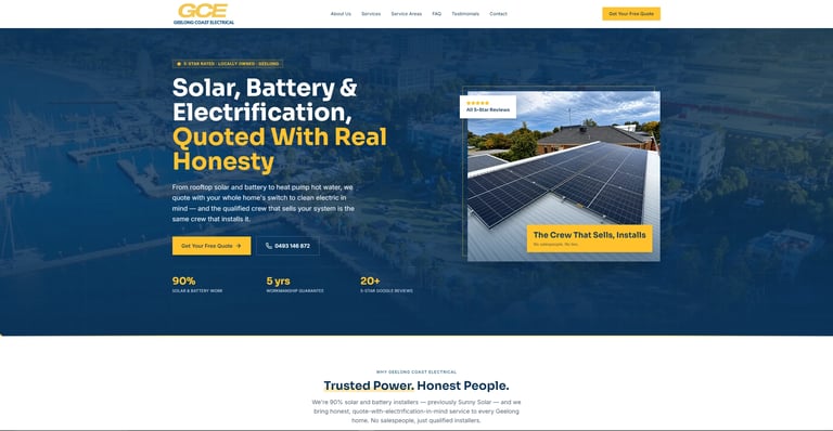 GCE website homepage featuring solar panel installation and services for battery and electricification solutions