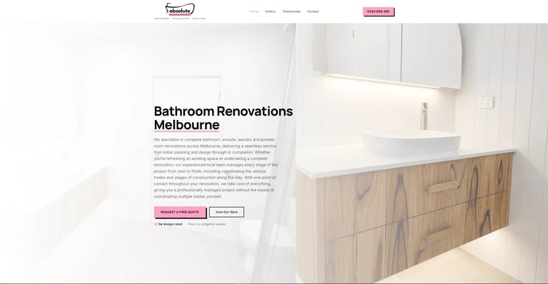 Modern bathroom renovation website showing a light-filled bathroom with wooden vanity and white sink