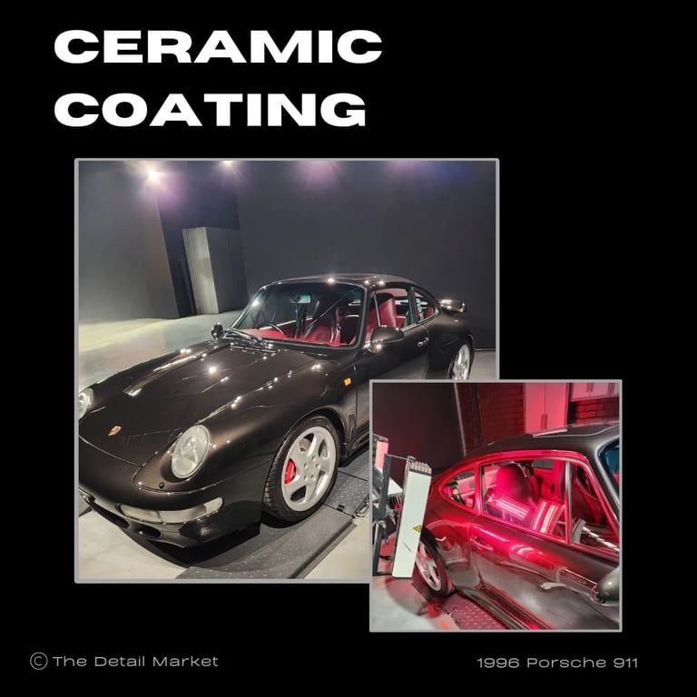 Black 1996 Porsche 911 with ceramic coating showcase, displaying glossy finish and red interior details under studio lighting