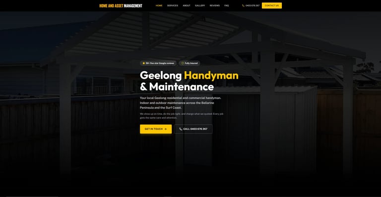 Website header for Geelong Handyman & Maintenance service featuring business name, navigation menu, and call-to-action buttons with a blurred background image