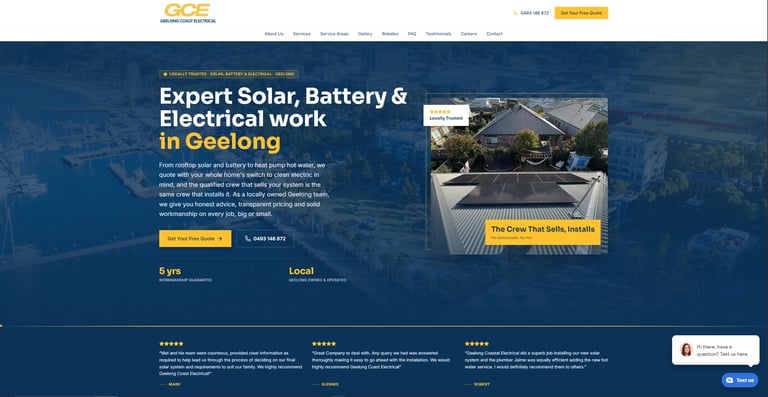 GCE website hero section advertising expert solar, battery and electrical work in Geelong with solar panel installation image