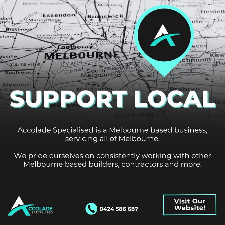 Accolade Specialised Melbourne business advertisement with map background, Support Local message, and contact information.