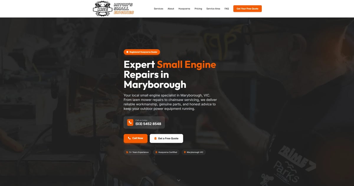 Mitch's Small Engines brand and website designed by Woods Media Promotions