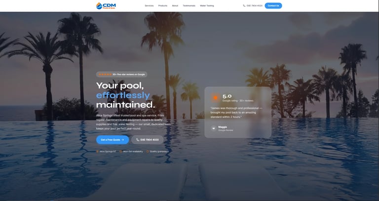 Pool maintenance website homepage showing infinity pool with palm trees at sunset and company tagline Your pool, effortlessly maintained
