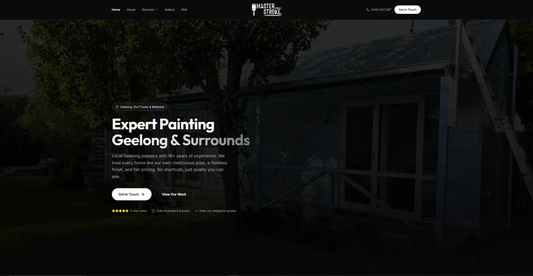 Website hero section for expert painting services in Geelong featuring a dark house exterior with ivy-covered walls and text overlay