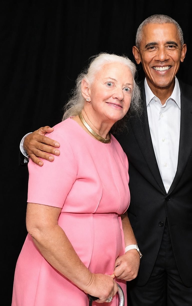 Margaret in a pink dress with a white bracelet, posing with Barack Obama in a black blazer against a dark background.