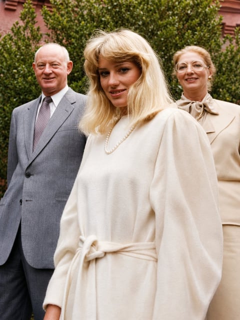 Woman with blonde hair in cream-colored outfit standing with two men in suits outdoors with ivy-covered wall background.
