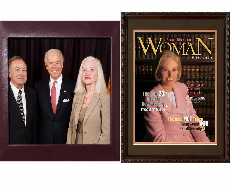 Two framed photographs: left shows three people in formal attire against a burgundy background; right displays a Woman magazine cover featuring a blonde woman in a pink blazer