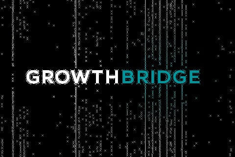 GrowthBridge logo on black background with digital data visualization pattern