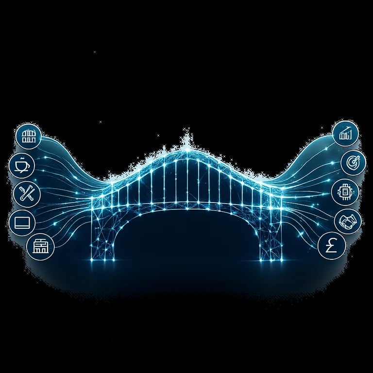 Digital bridge with glowing blue wireframe structure and financial icons representing commerce, technology, and banking connectivity