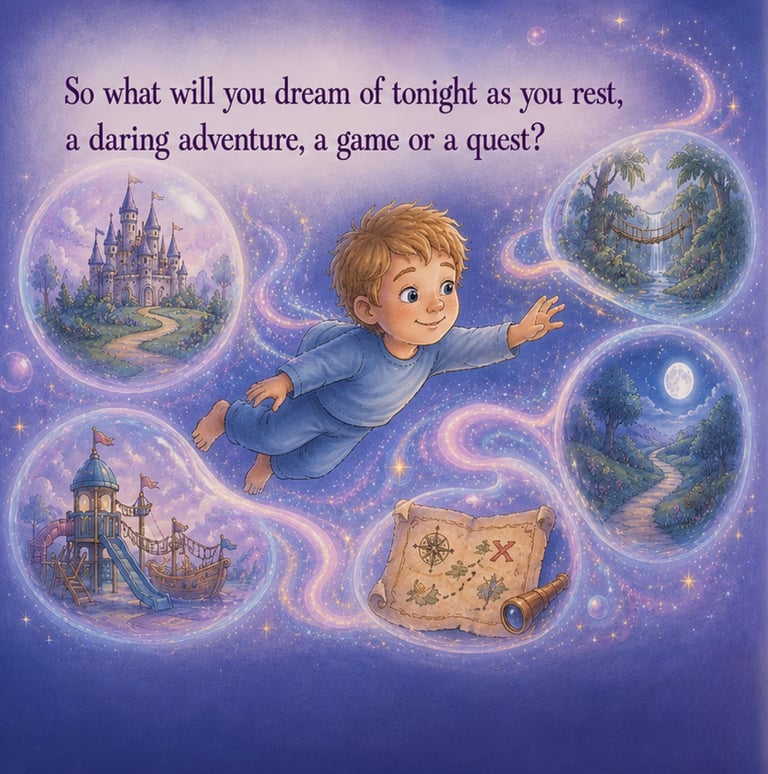 A boy flying through a magical starry night sky surrounded by dream bubbles containing castles, worlds, and a treasure map