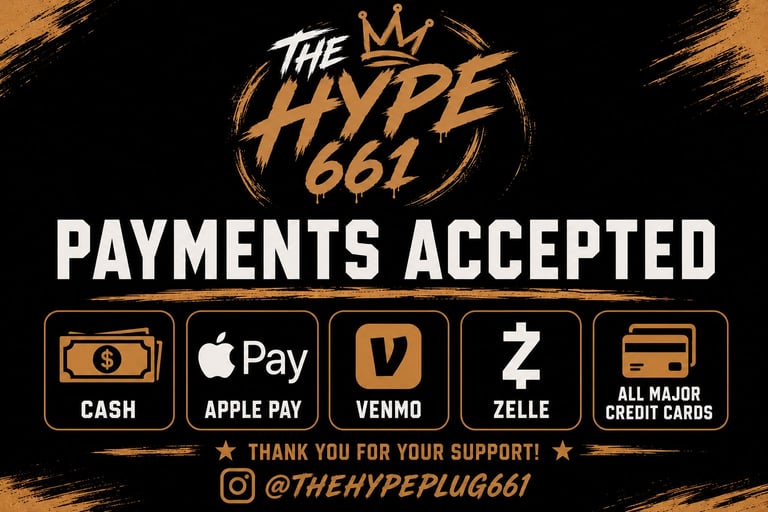 The Hype 661 payments accepted sign showing icons for cash, Apple Pay, Venmo, Zelle, and all major credit cards