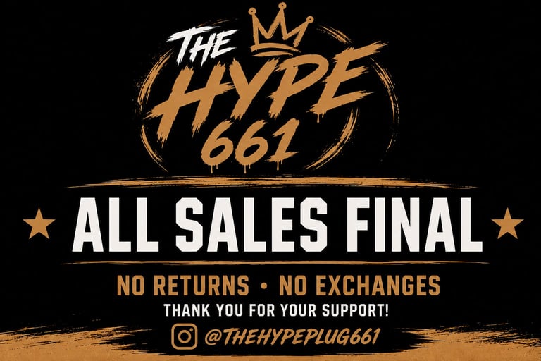 The Hype 661 All Sales Final promotional banner with gold crown logo, no returns policy notice, and Instagram handle on black background