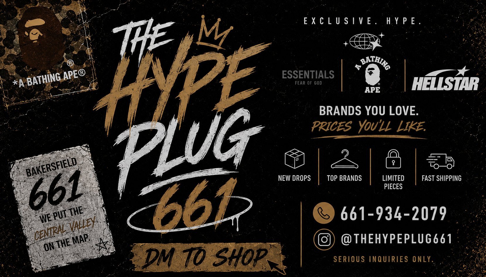 The Hype Plug 661 promotional graphic featuring gold text, brand logos, contact info, and DM to shop call-to-action on dark background