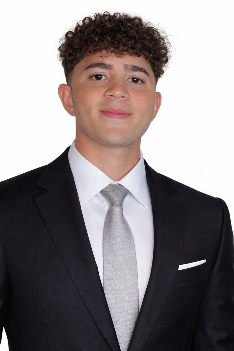 Young man with curly dark hair wearing a black blazer, white dress shirt, and gray tie against a white background