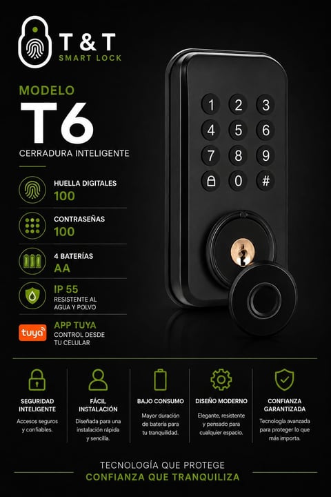 T&T Smart Lock Model T6 digital door lock with keypad, fingerprint scanner, mechanical key, and product features