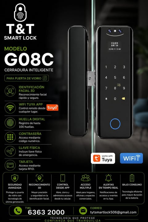 T&T Smart Lock G08C — cerradura para puerta de vidrio con reconocimiento facial