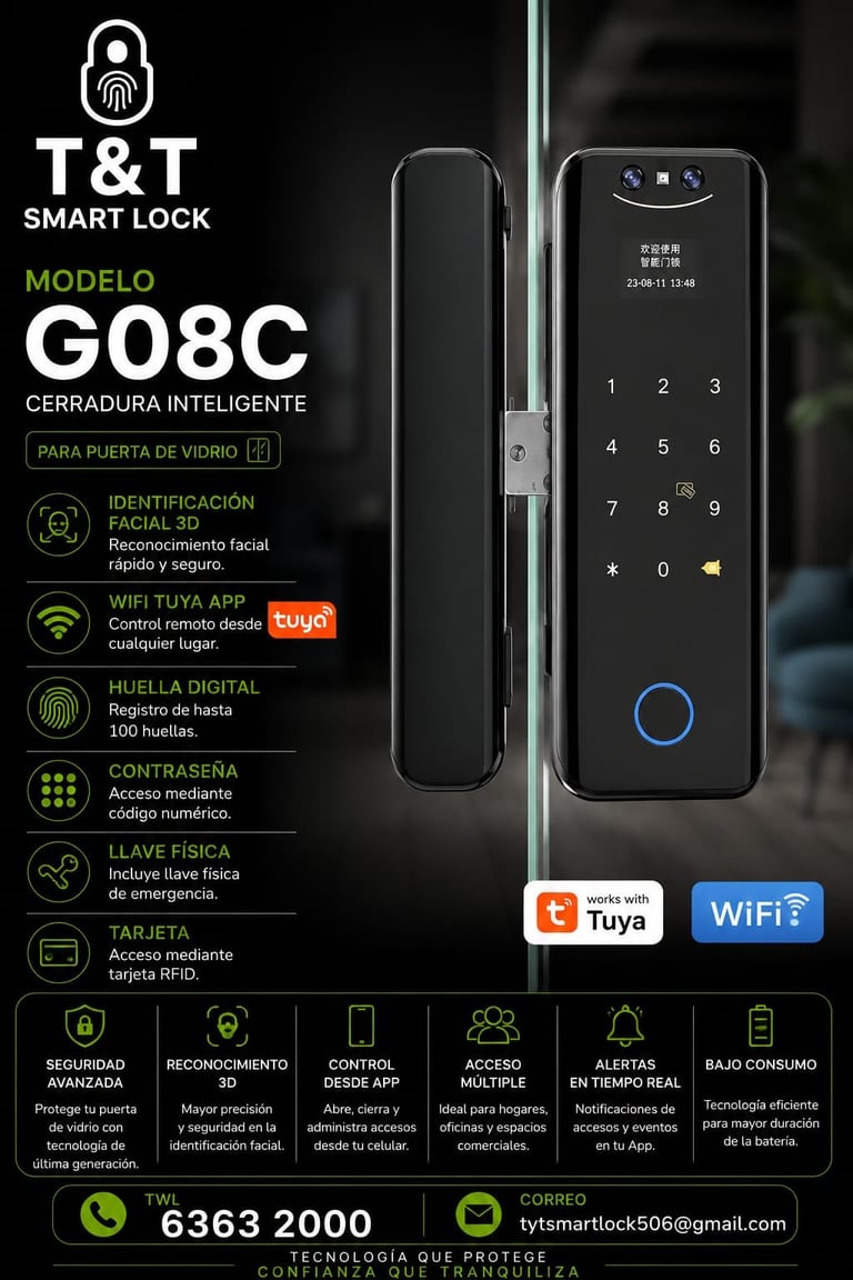 Modelo G08C - T&T Smart Lock con para puerta de vidrio