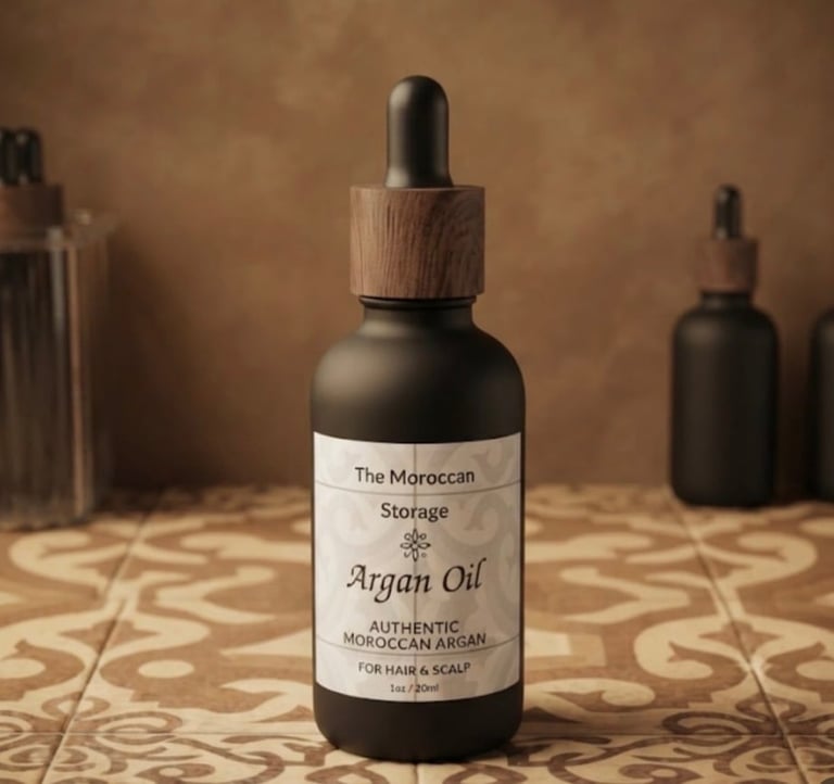 A black glass dropper bottle of The Moroccan Storage Argan Oil with wooden cap on a patterned background, surrounded by similar product bottles