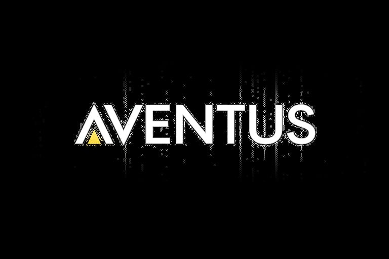 Aventus logo in white text with yellow accent triangle on black background with digital distortion effect