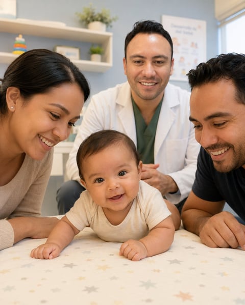 Pediatra sonriente en bata blanca junto a una familia feliz reunida alrededor de un bebé en la mesa de exploración