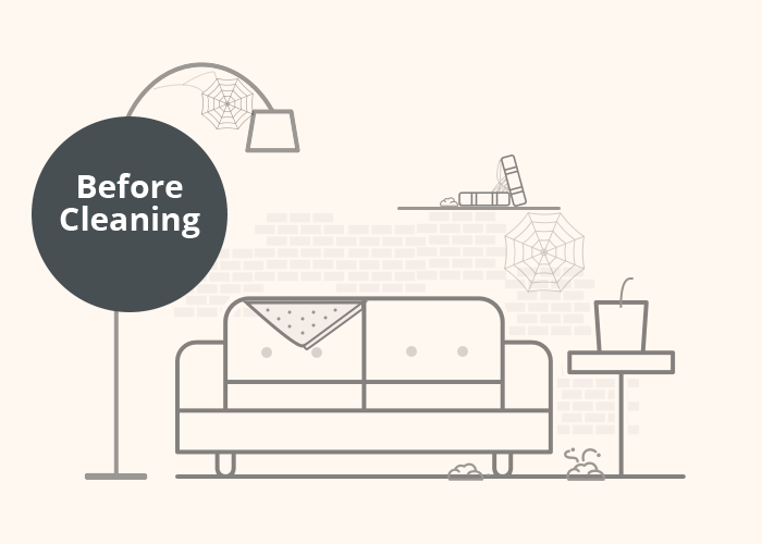 Illustration of a living room transformation — before and after cleaning