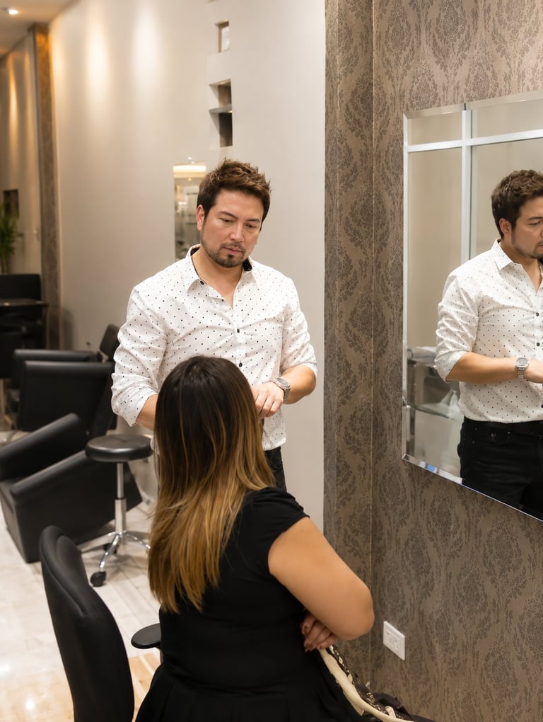 Hairstylist in white patterned shirt styling female clients long brown hair in modern salon
