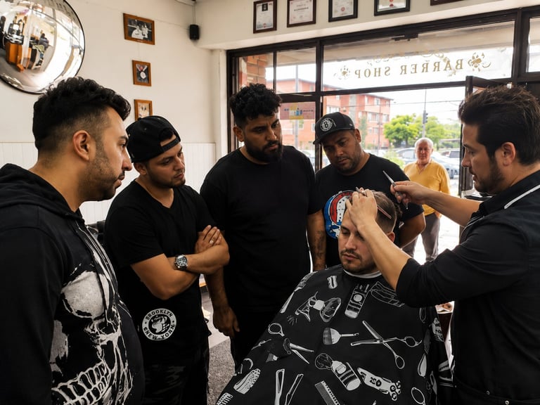 Group of people in black clothing gathered around a seated person getting their head touched in a barber shop
